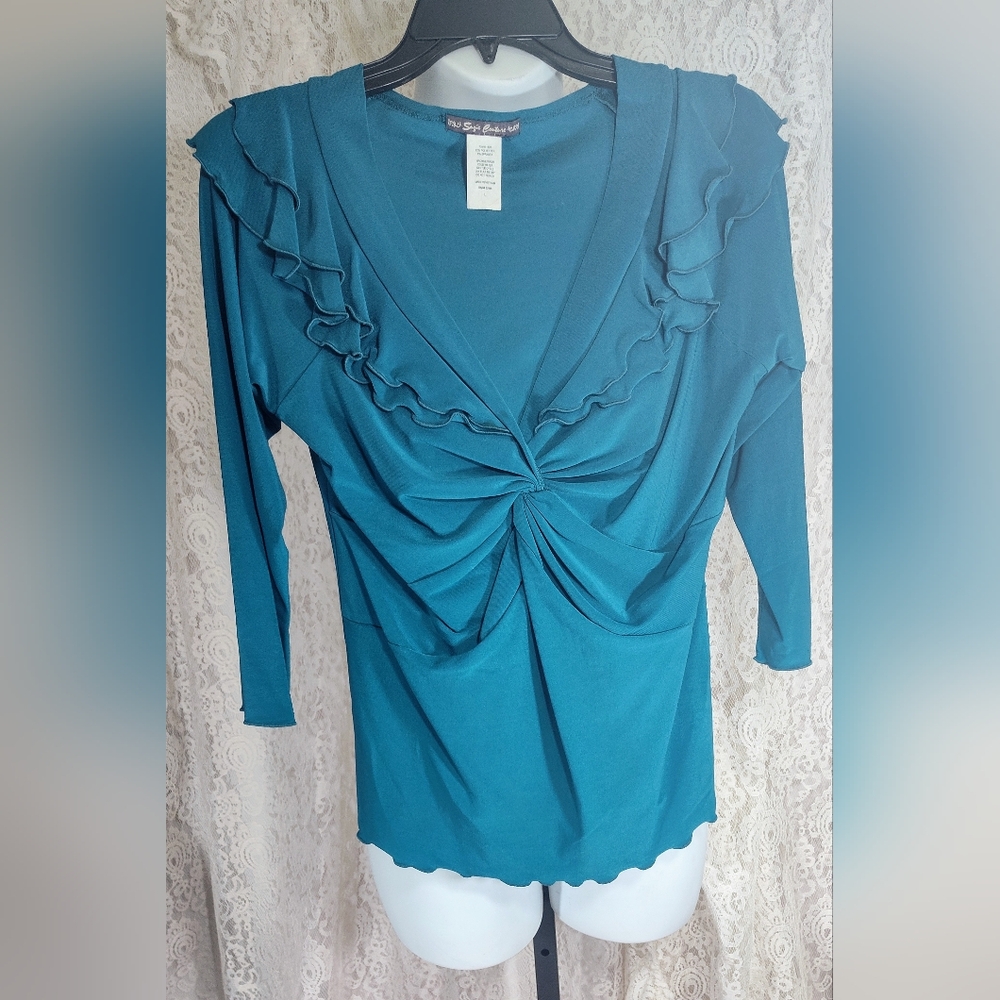Suzie Couture Teal Blue Ruffle Neck Top. NWOT. Top only skirt for display